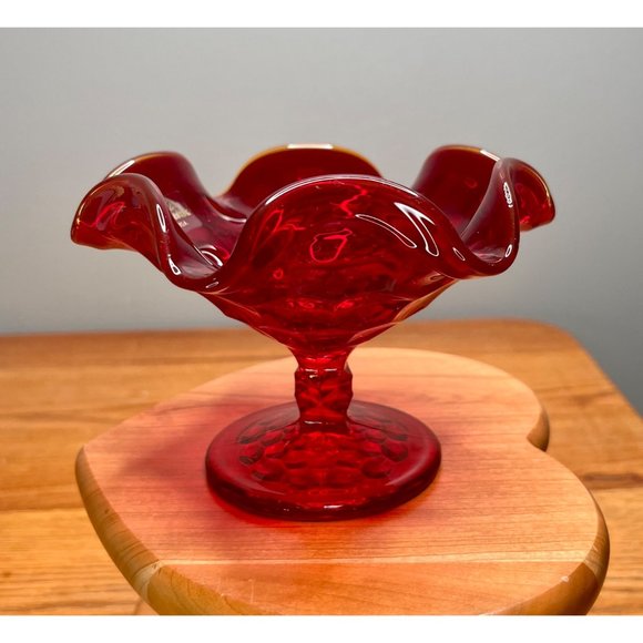 Vintage Viking Ruby Red Georgian Honey Comb 6.5" Ruffled Footed Bowl/Compote, Sh - Picture 3 of 10